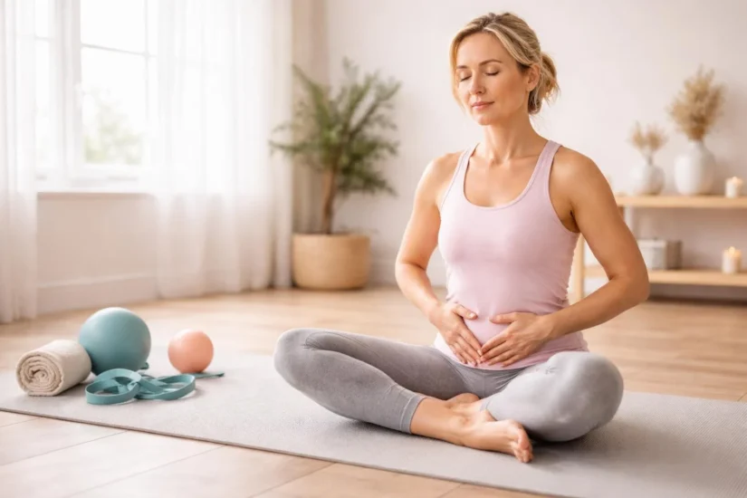 Kobieta wykonująca ćwiczenia mięśni dna miednicy w spokojnym, jasnym pomieszczeniu do ćwiczeń.