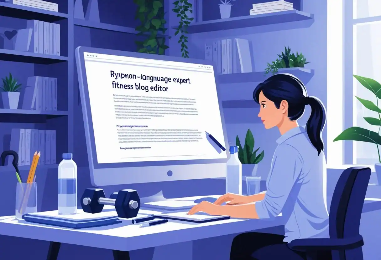 Osoba pracująca przy biurku nad artykułem o fitnessie, otoczona sprzętem do ćwiczeń i książkami.