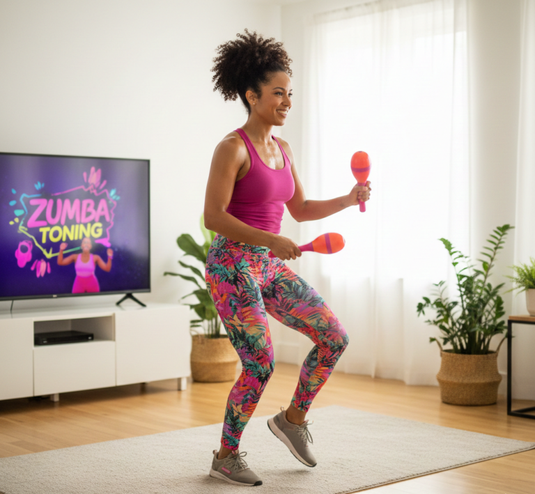 Usmiechnieta-kobieta-cwiczaca-Zumba-Toning-w-domu-z-rozowymi-hantlami-przed-telewizorem